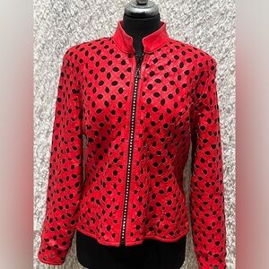 KANAR Vibrant Red QUILTED CUT OUT LEATHER Jacket with Black UNDER NETTING SIZE S